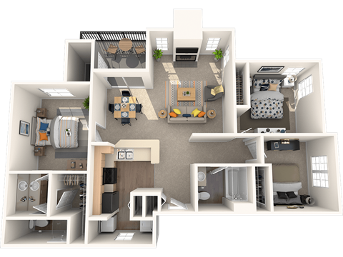 Floor plan for 3 beds, 2 baths, 1165 sqft